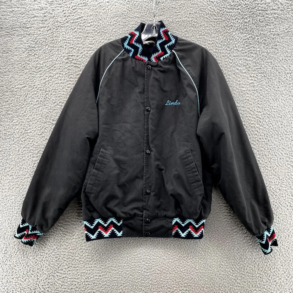 Vintage West Ark Bomber Jacket Medium Black Aztec‎ Southwestern Varsity USA Made